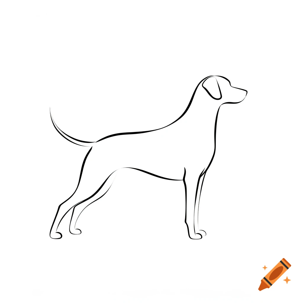 A minimalist black line drawing of a dog standing, facing right, against a white background.