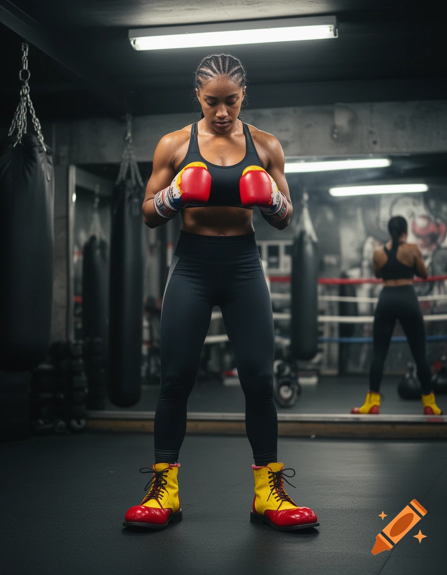 A woman boxer stands in a gym, wearing a sports bra, leggings, red boxing gloves, and yellow and red clown-like boots. Photorealistic.