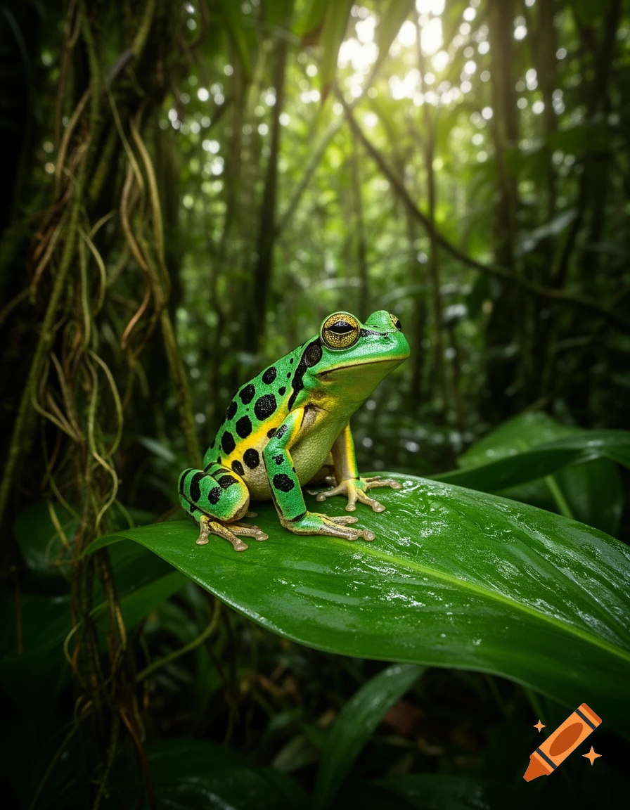 A vibrant green and yellow frog with black spots sits on a large, wet green leaf in a lush, sunlit jungle.