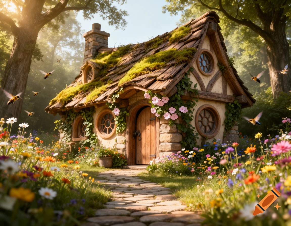 A whimsical cottage with a mossy roof and round windows, surrounded by a vibrant wildflower garden and trees, with bees flying.