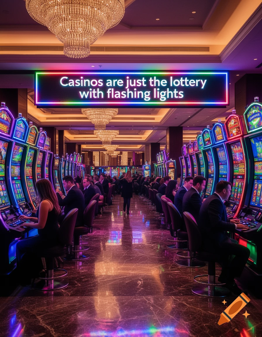 A bustling casino floor with rows of brightly lit slot machines, people playing, and a neon sign overhead.