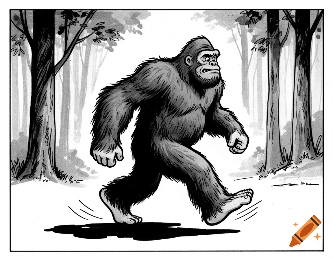 Black and white cartoon of Bigfoot striding through a sparsely treed forest.