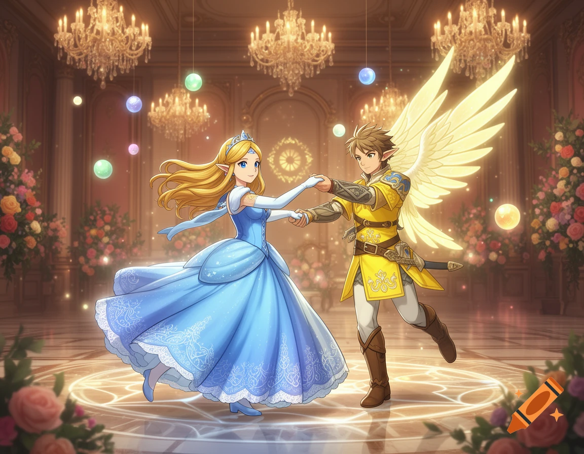 Anime characters resembling Zelda in a blue gown and Pit with wings in yellow armor dancing in a grand ballroom.