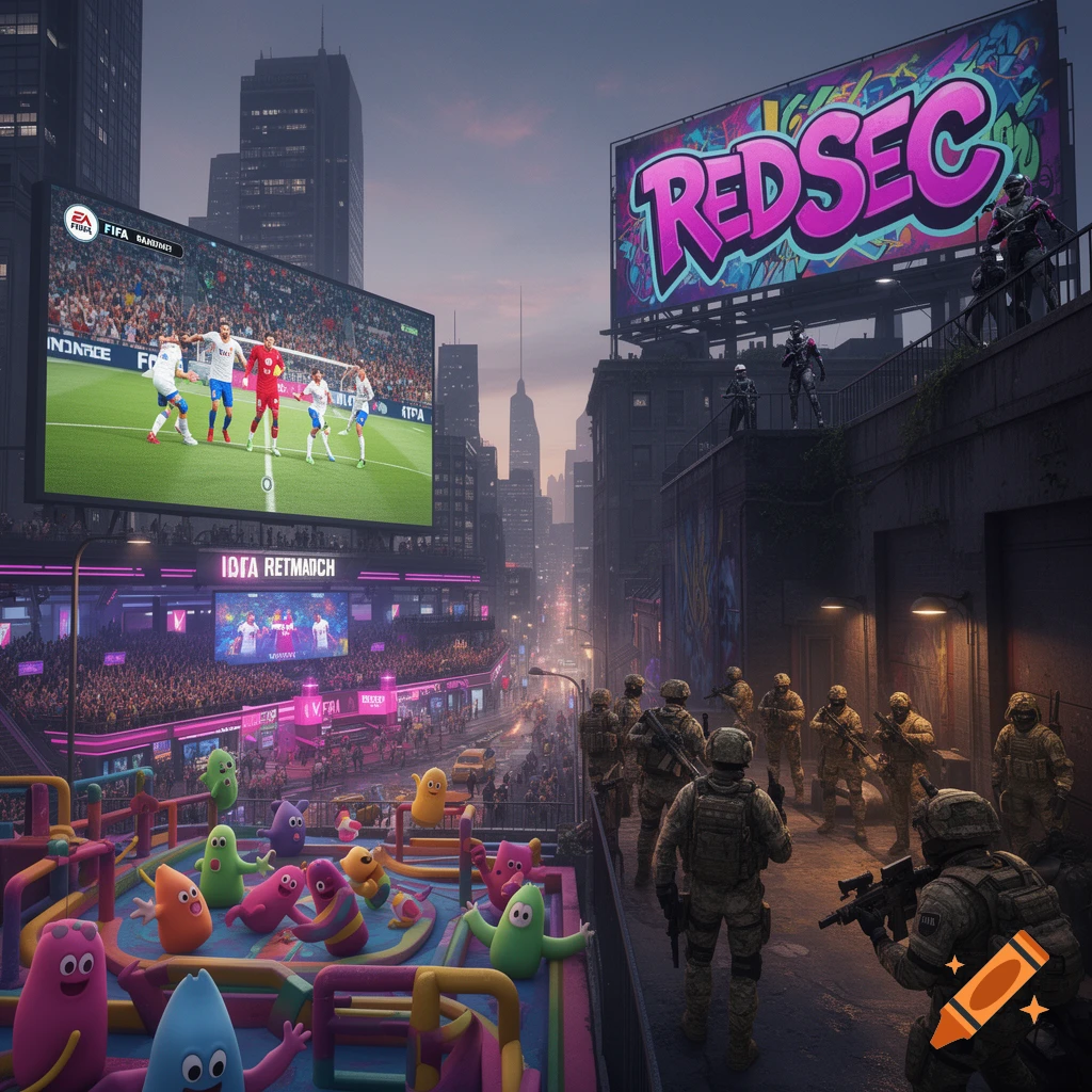 A futuristic city street at dusk, with large screens displaying a soccer match and a graffiti-style "REDSEC" logo. Soldiers stand on a building ledge and on the street, while colorful blob-like characters play in a foreground structure.