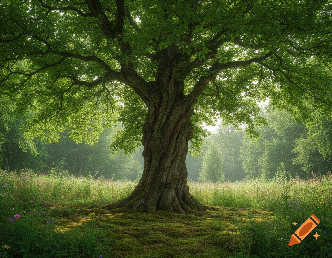 A majestic old tree with lush green leaves and a gnarled trunk in a sun-dappled forest meadow with moss and wildflowers, photorealistic.
