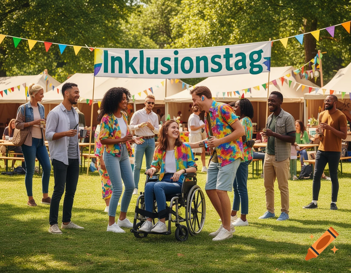 A diverse group of people, including a woman in a wheelchair, socialize at an outdoor community event in a park under a banner reading 'Inklusionstag'.