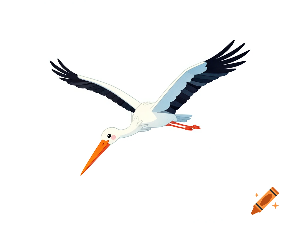 A cartoon stork with white, black, and blue wings, an orange beak, and red legs, flying downwards against a white background.