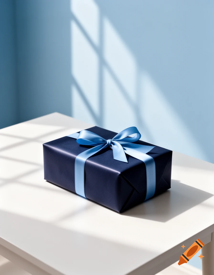 A navy blue gift box with a light blue ribbon is placed diagonally on a white table. Sunlight casts a window shadow on the light blue wall behind it.