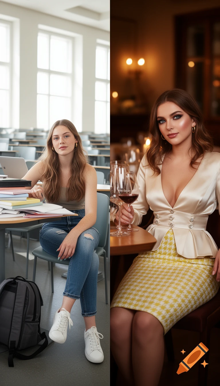 A split-screen image showing a woman as a student in a lecture hall on the left, and dressed elegantly in a restaurant on the right.