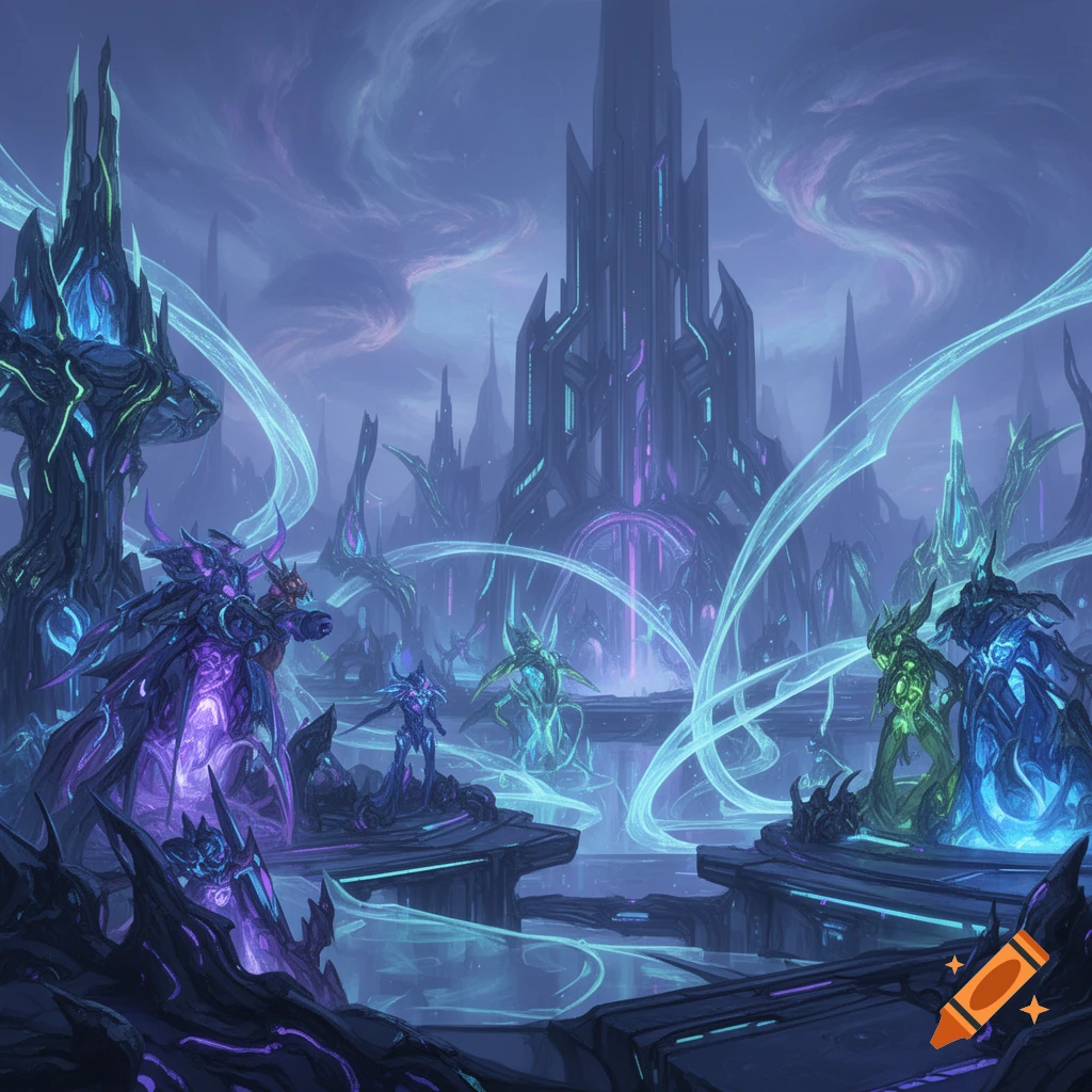 A dark, futuristic alien city with glowing purple and blue spires and stylized figures under a cloudy, twilight sky.
