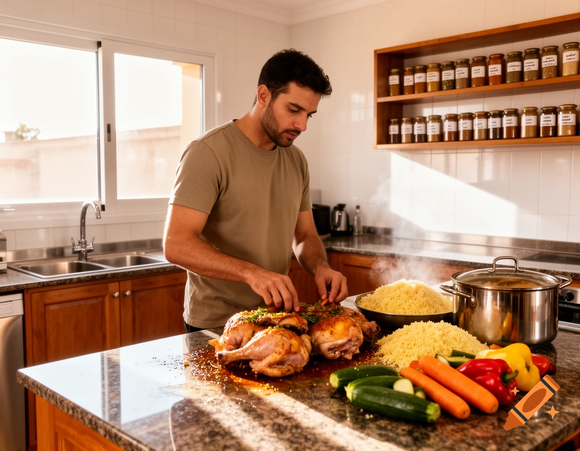 A man preparing roasted chicken and couscous with vegetables on a kitchen counter, with spices on a shelf.