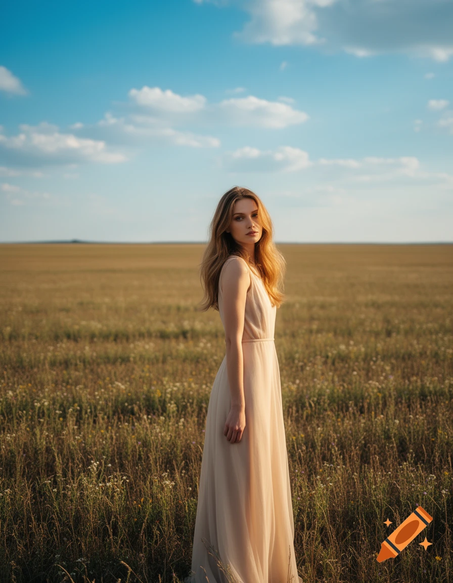 A photorealistic portrait of a woman with long golden-brown hair standing in a grassy field under a blue sky.