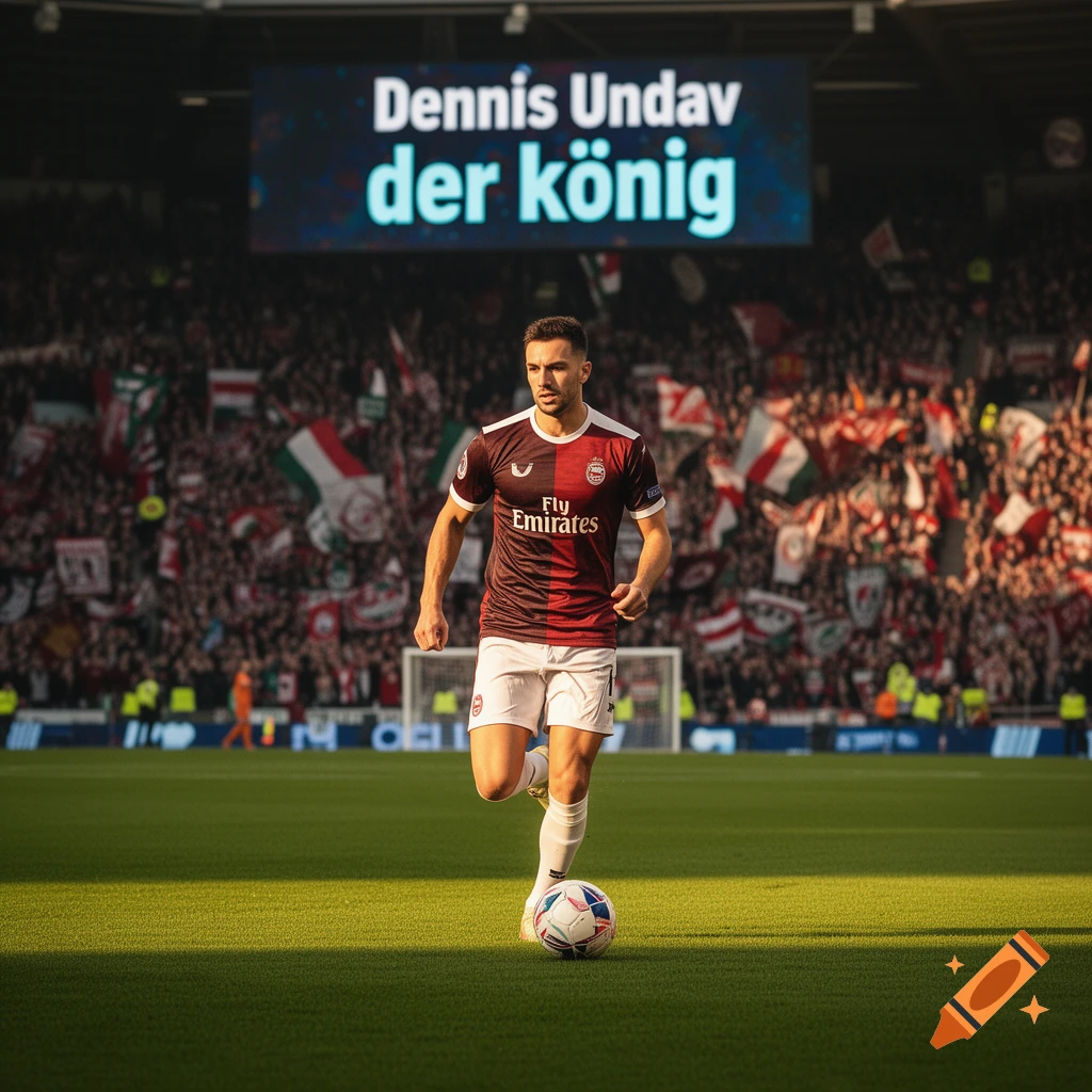 A soccer player in a red and black jersey dribbles a ball on a green field in a stadium, with 'Dennis Undav der könig' on a large screen.