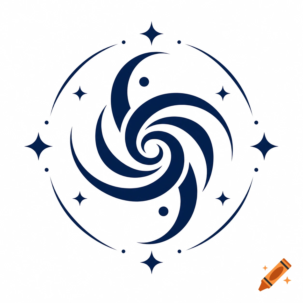 A dark blue swirling abstract symbol resembling a galaxy, encircled by four stars and small dots on a white background.