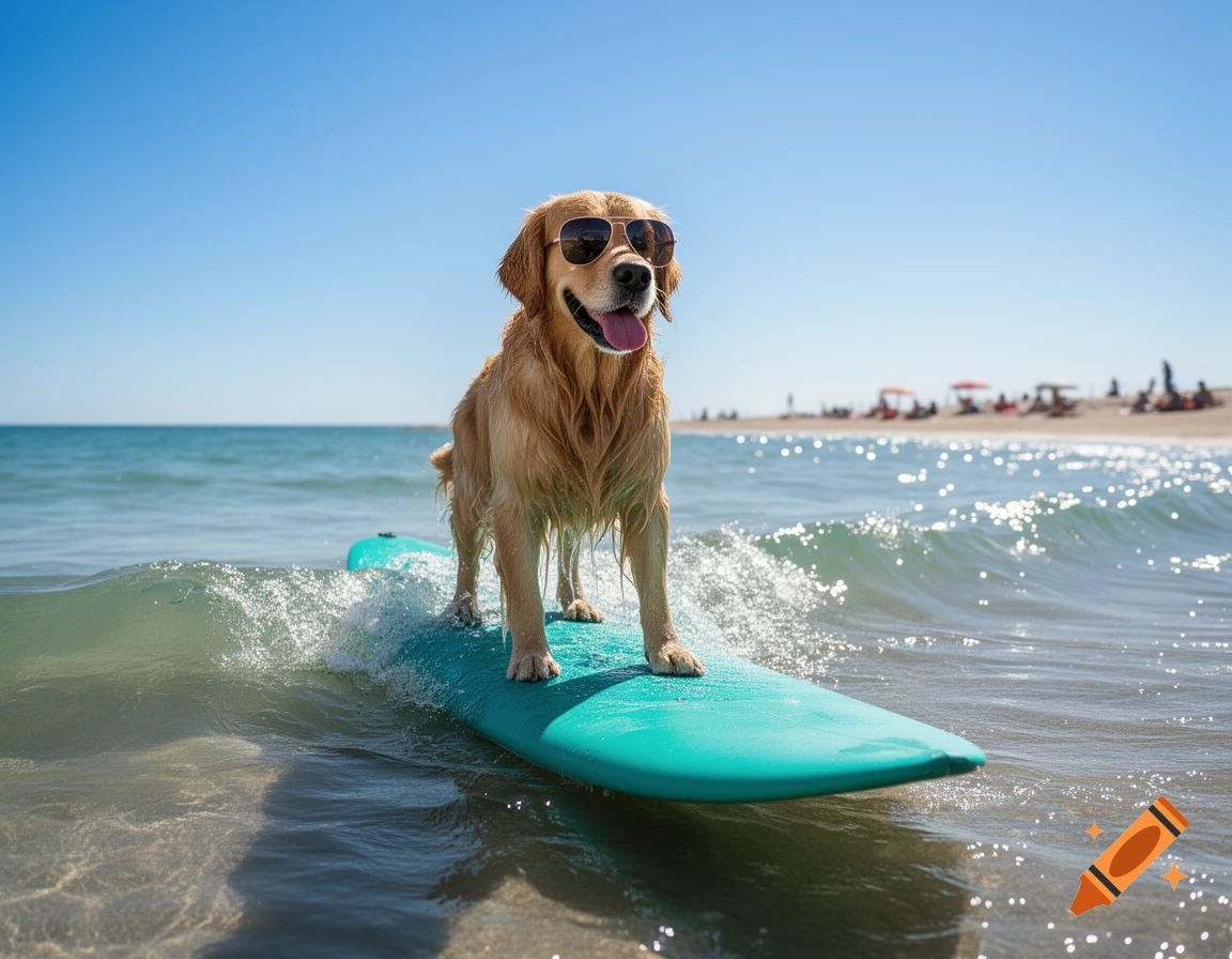 A cool golden retriever dog wearing sunglasses stands on a blue surfboard in the ocean with a beach in the background.