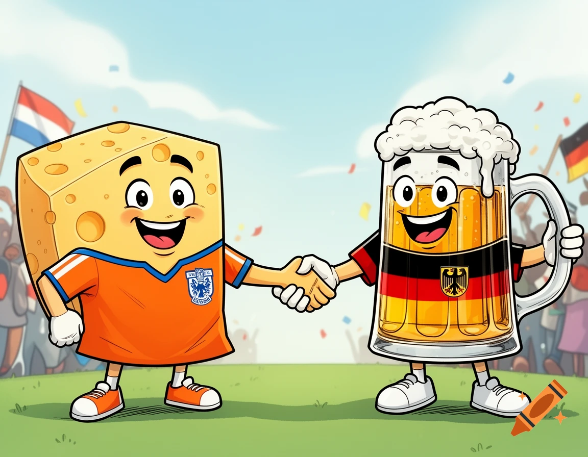 A cartoon block of Gouda cheese in a Dutch soccer jersey shakes hands with a cartoon beer mug in a German soccer jersey, on a grassy field with flags in the background.
