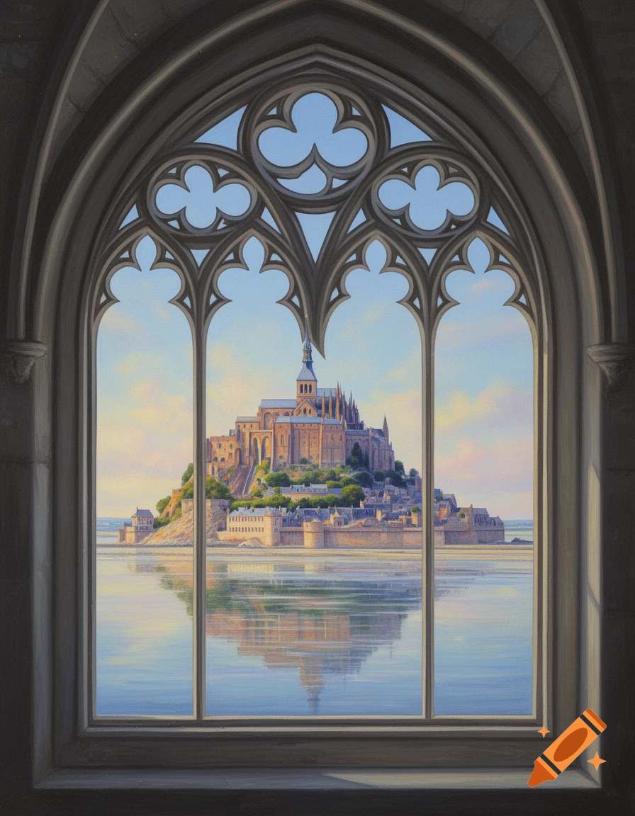 A semi-realistic painting of Mont Saint-Michel reflected in water, viewed through an ornate gothic arch window.