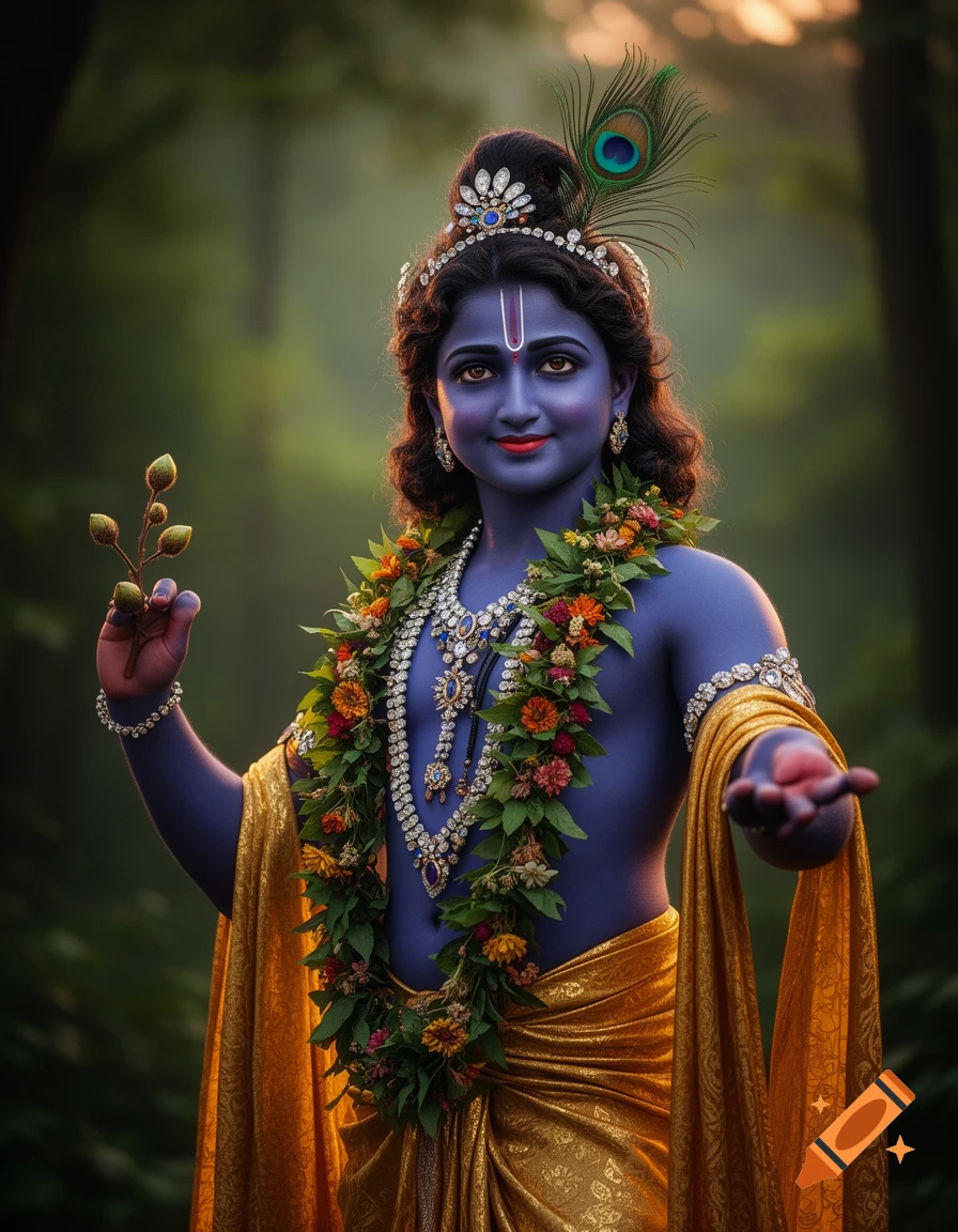 Blue-skinned Krishna, adorned in golden robes, peacock feather crown, and flower garlands, stands smiling in a lush forest.