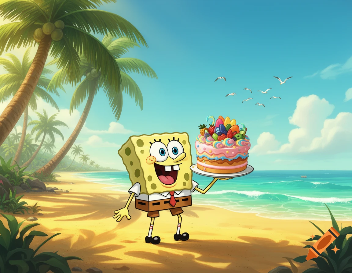 Spongebob Squarepants stands on a sunny tropical beach, holding a large, colorful cake with fruit and candy, under a blue sky.