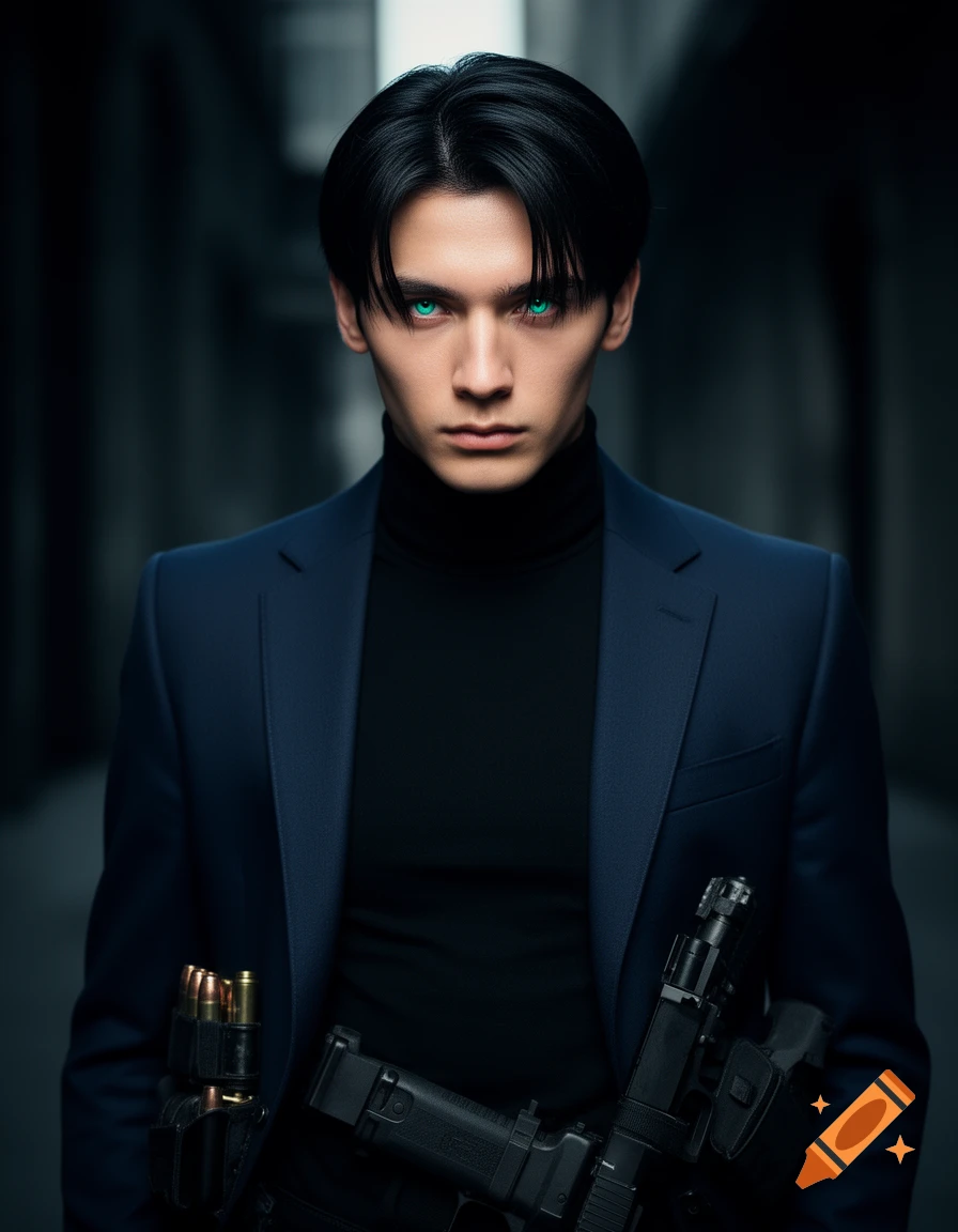 A serious young man with black hair and glowing teal eyes, wearing a dark suit, holds guns and ammo, photorealistic.