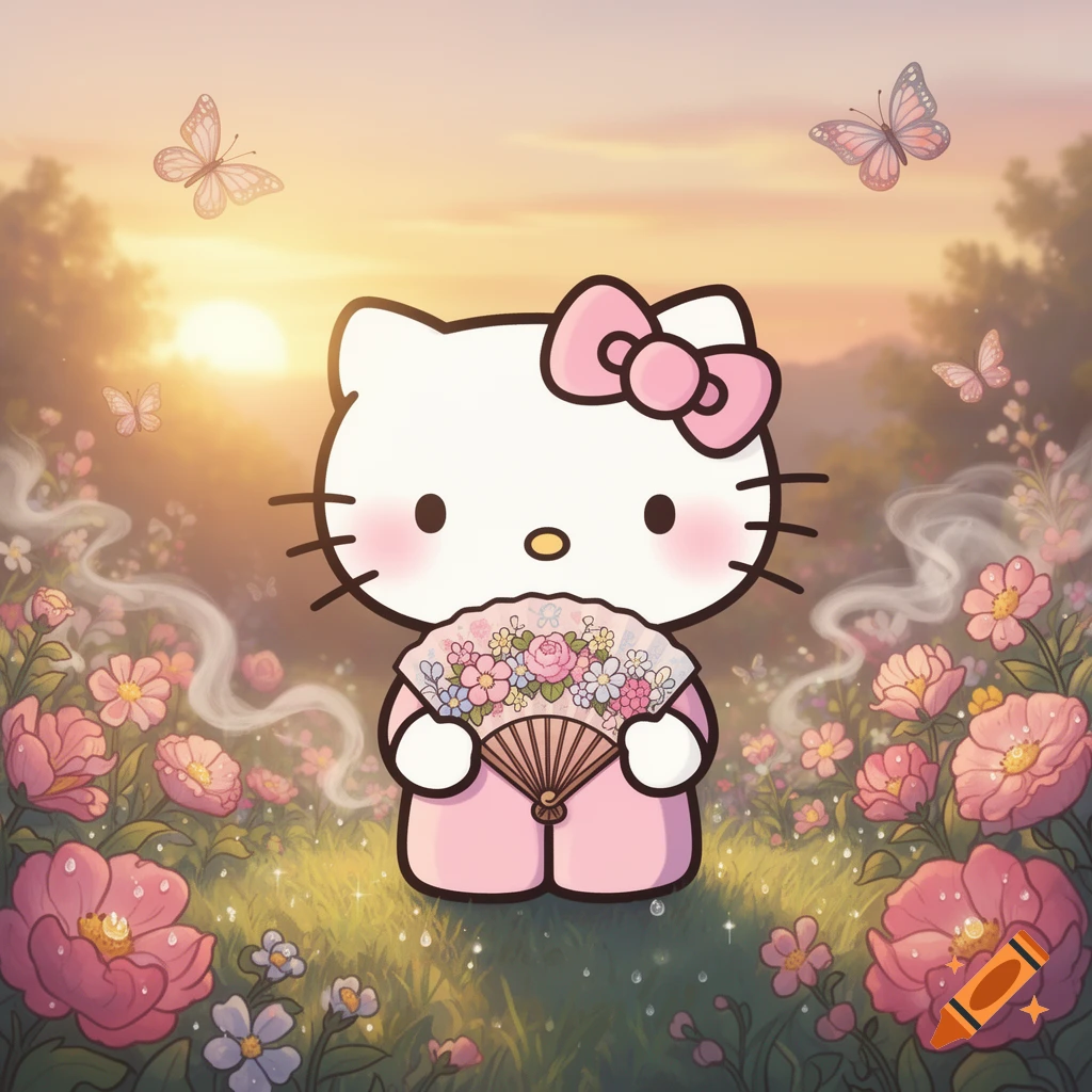 A cute Hello Kitty character in a pink outfit stands in a vibrant flower field, holding a floral fan, with butterflies and a sunset in the background.