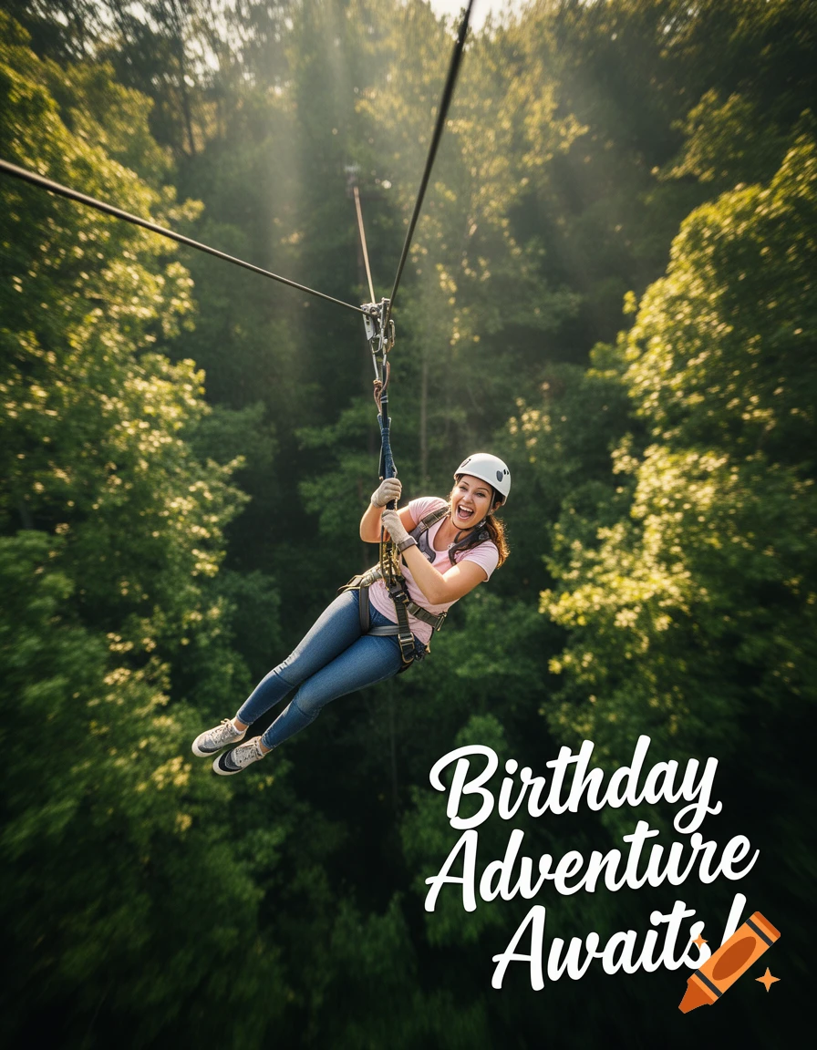 A smiling woman ziplining through a sunny forest, with text "Birthday Adventure Awaits!"