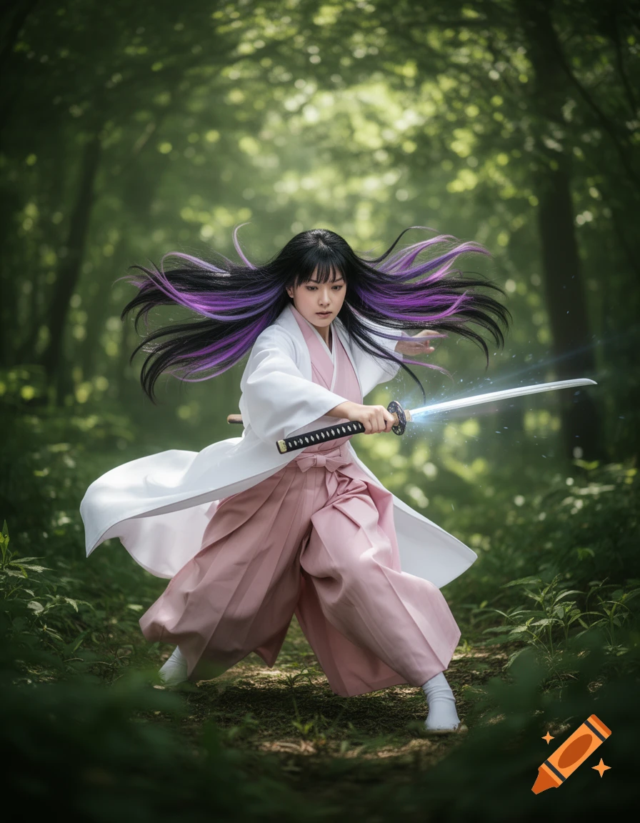 A female warrior with black and purple hair, in a white and pink kimono, holds a glowing katana in a forest.