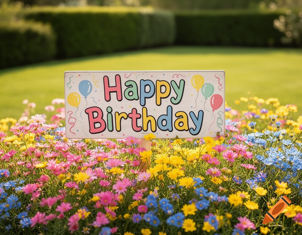 A wooden sign with colorful letters reading "Happy Birthday" is nestled in a field of bright pink, yellow, and blue flowers, with a lush green garden in the background.