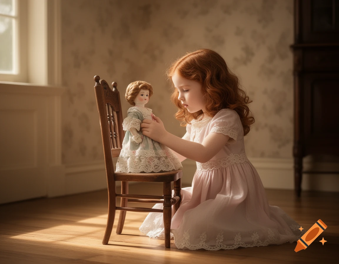 A ginger-haired girl in a pink dress kneels on a wooden floor, placing a porcelain doll on a small wooden chair in a sunlit room.