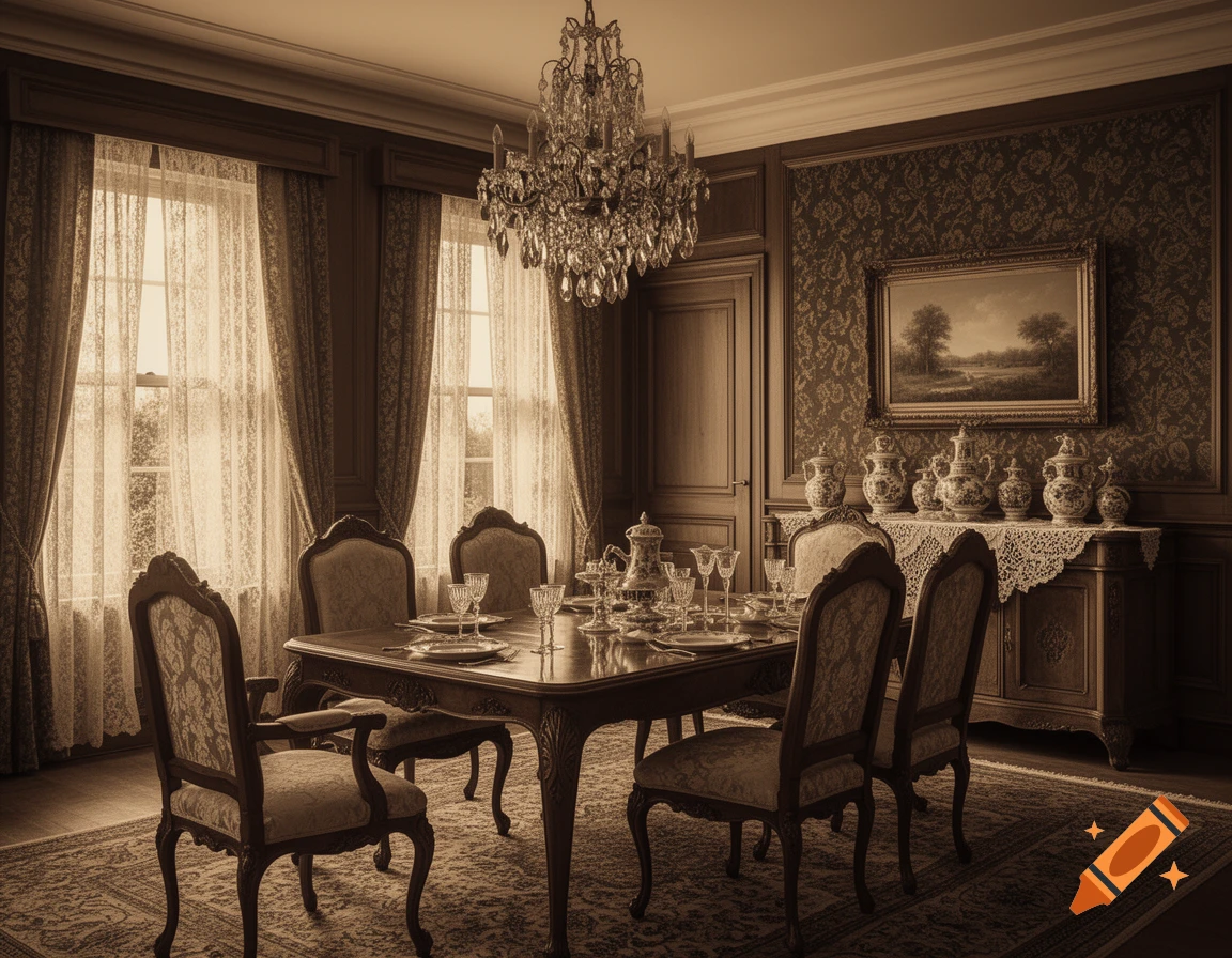 Vintage sepia-toned dining room with a grand chandelier, set table, ornate chairs, and a landscape painting.