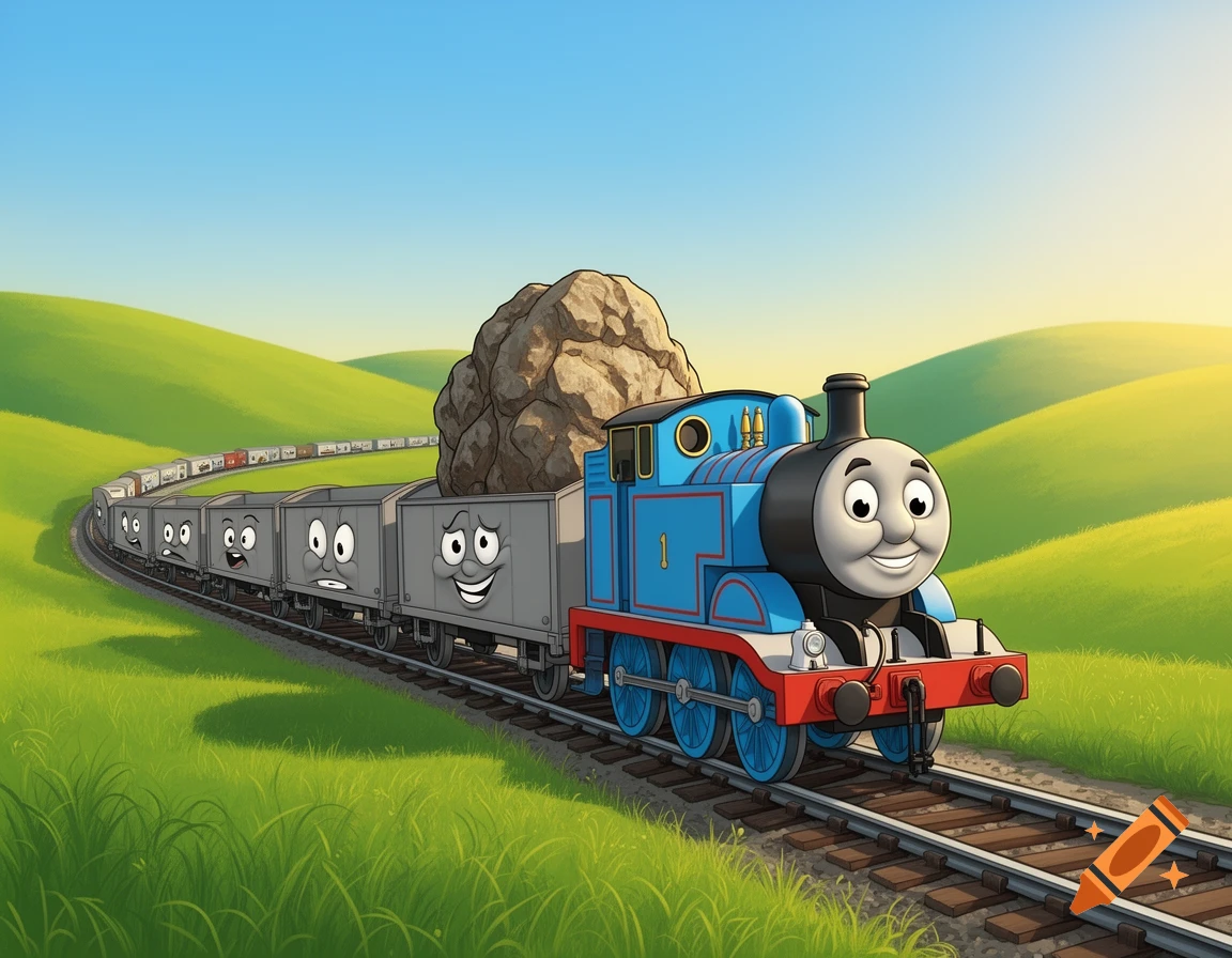 Cartoon Thomas the Train pulls gray cargo trucks with faces and a large rock through a green, hilly landscape.