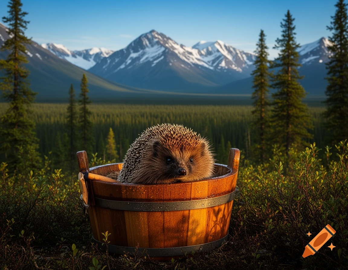 A cute hedgehog sits in a wooden bucket amidst a green forest with majestic snow-capped mountains under a clear blue sky.