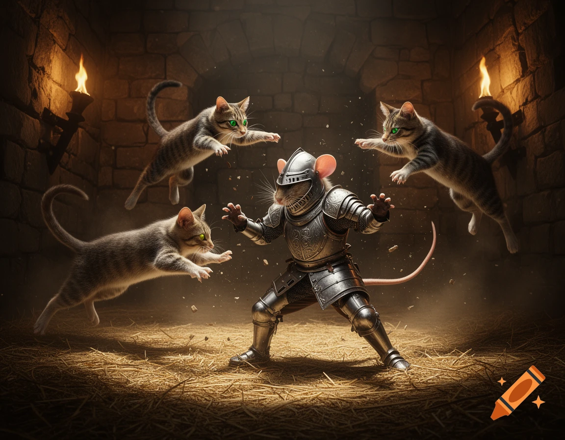 A mouse in full armor battles three leaping tabby cats in a torchlit stone dungeon with hay on the floor.