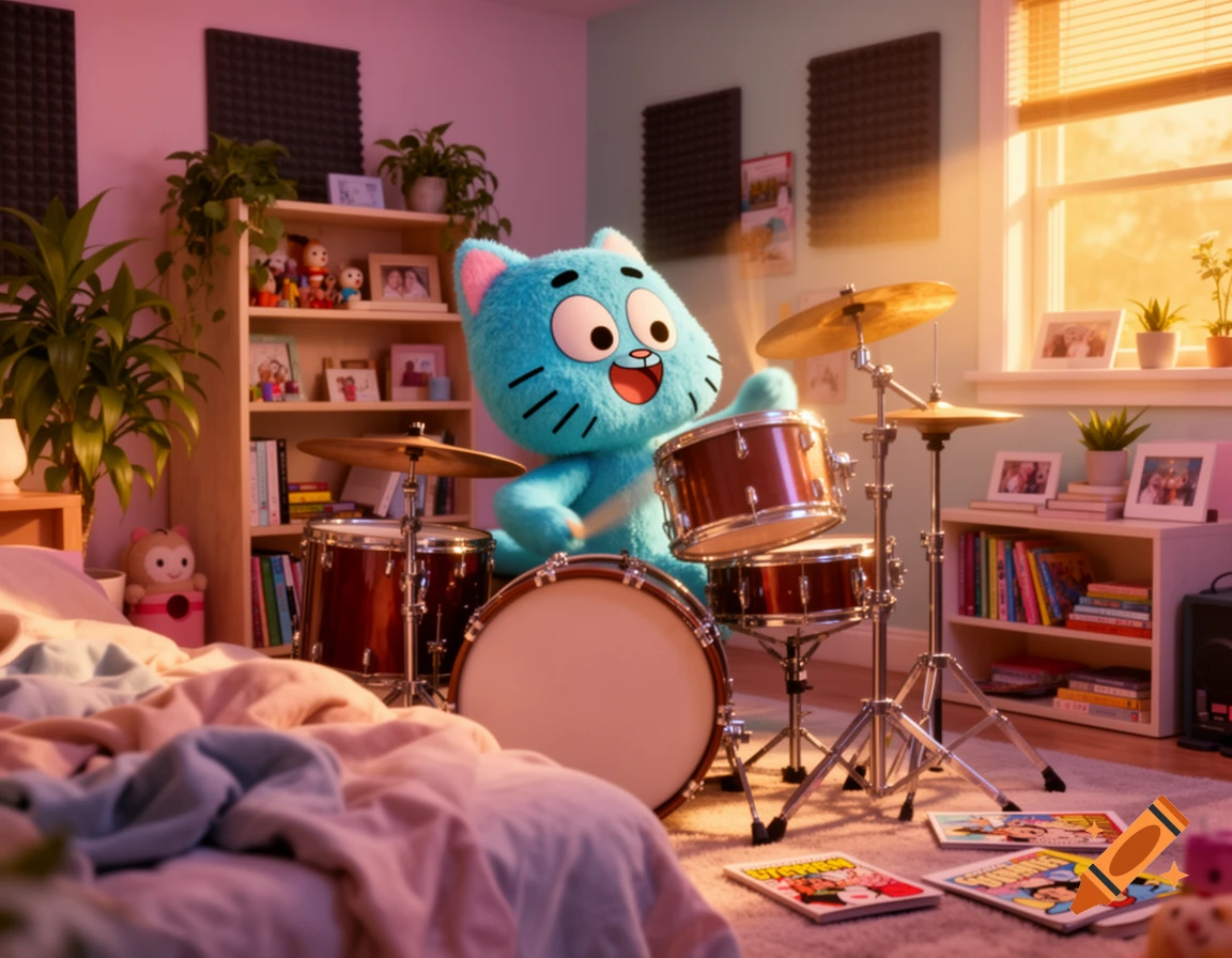 A blue cat-like cartoon character, Gumball Watterson, plays a drum kit in a colorful bedroom with comic books on the floor.