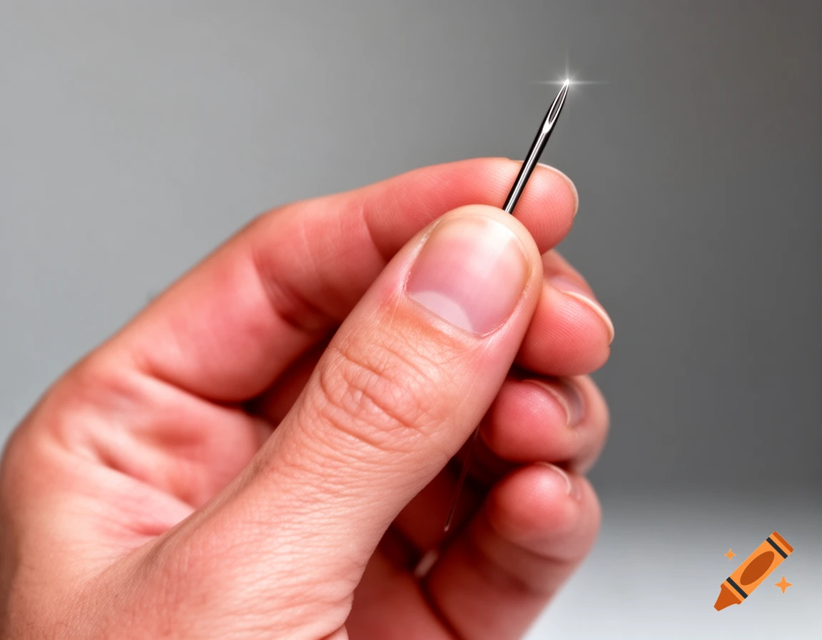 A close-up, photorealistic shot of a hand holding a shiny silver sewing needle between the thumb and index finger.