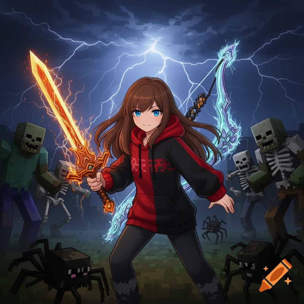 Anime girl in red hoodie with flaming sword and enchanted bow fights Minecraft zombies, skeletons, and spiders under lightning.