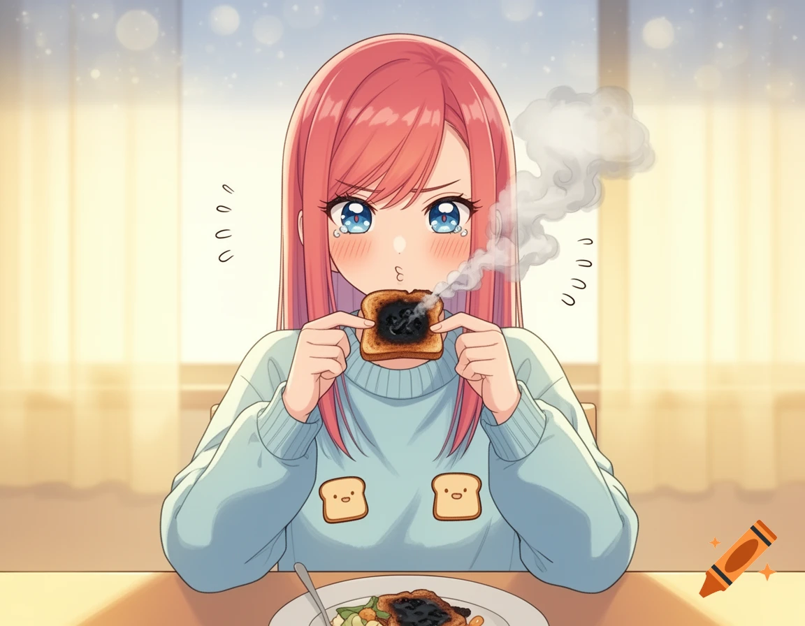 An anime girl with pink hair and blue eyes looks sad, holding a smoking piece of burnt toast while sitting at a table.
