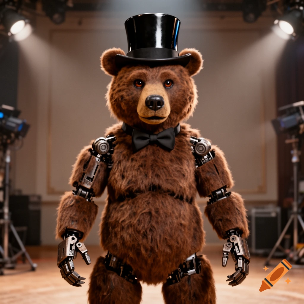 A photorealistic animatronic brown bear wearing a black top hat and bow tie stands under bright stage lights.
