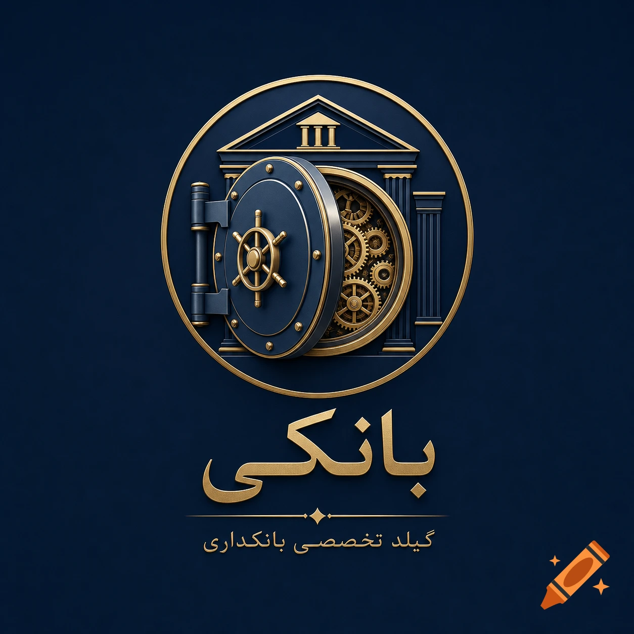 3D golden and dark blue logo featuring an open bank vault door with visible gears inside, framed in a circle. Persian text below.