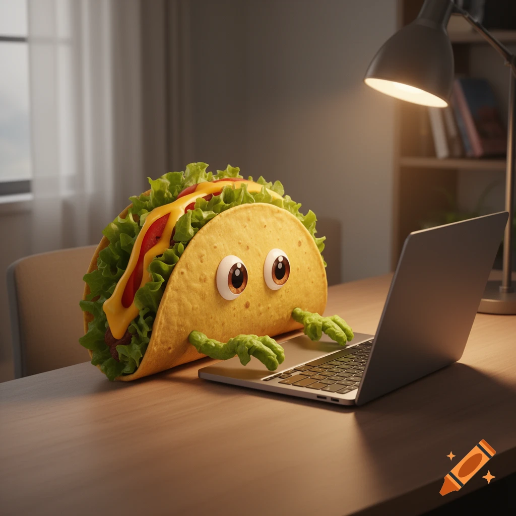 A whimsical taco character with googly eyes and green hands works diligently on a laptop at a desk under a lamp.