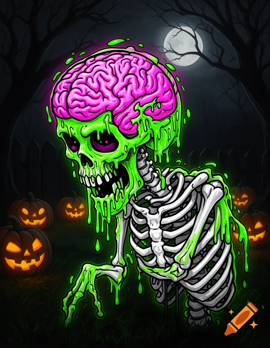 Neon green zombie skeleton with pink brain and dripping slime, in a spooky Halloween yard with glowing jack-o'-lanterns under a full moon.