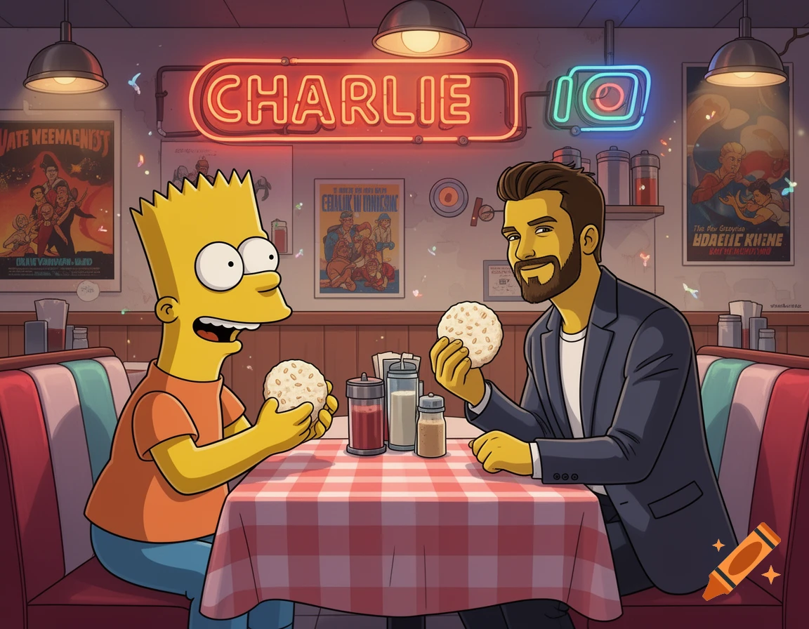 Bart Simpson and a bearded man in a suit, stylized like The Simpsons, sit in a diner booth holding rice cakes. A neon sign above reads "CHARLIE".
