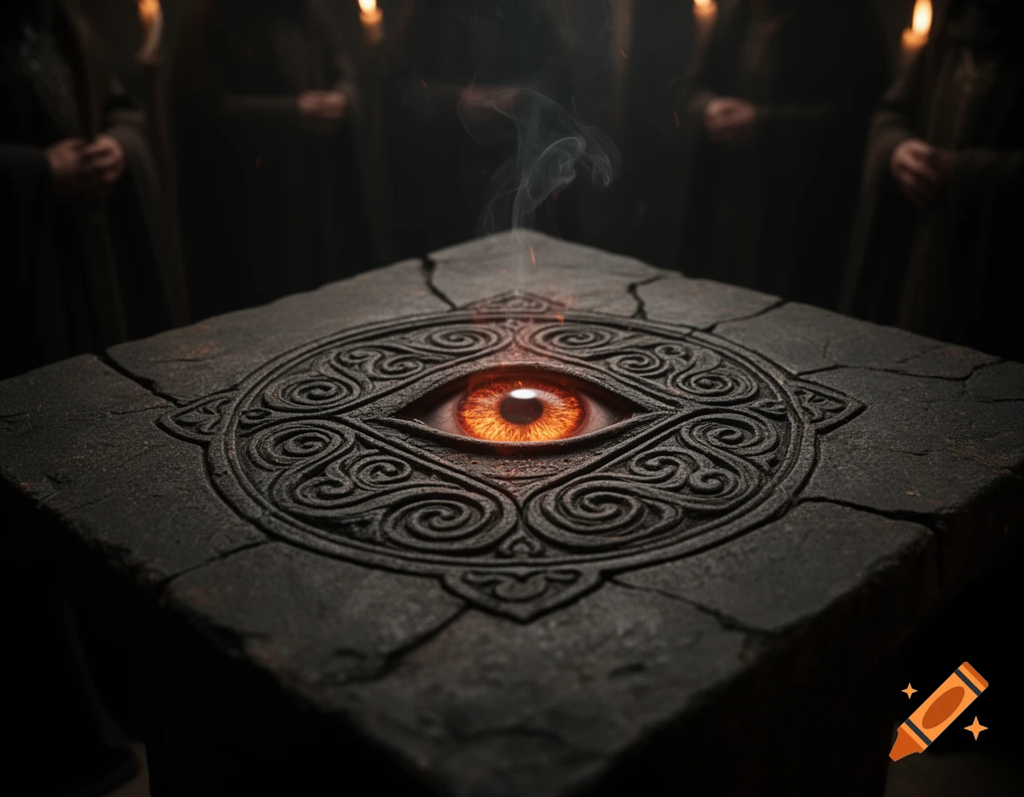 A mystical glowing orange eye carved into a dark stone pedestal, emitting smoke, with robed figures in a dimly lit background.