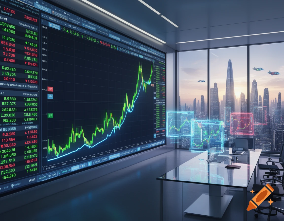 A futuristic office with a large screen displaying a rising stock market chart, overlooking a modern city skyline with flying vehicles.