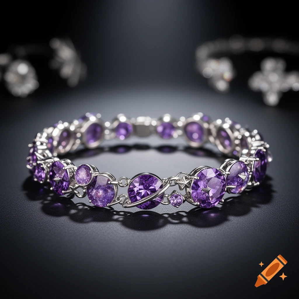 A silver bracelet adorned with large and small faceted purple gemstones, some with a subtle galaxy-like sparkle, on a dark background.