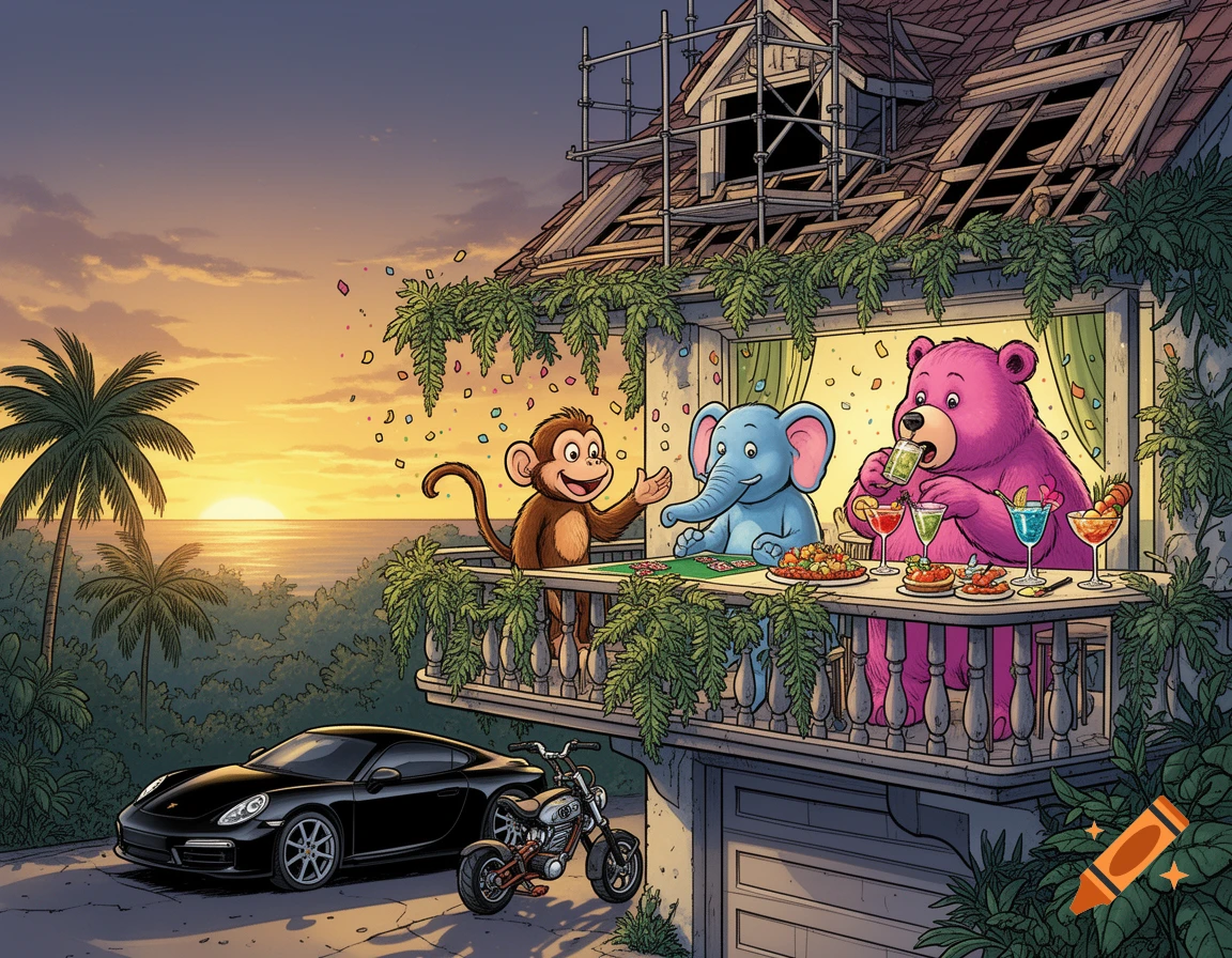 A monkey, blue elephant, and pink bear party on a balcony with confetti, food, and drinks as the sun sets over the ocean, in a comic style. A black car and motorcycle are parked below, and the house is under renovation.