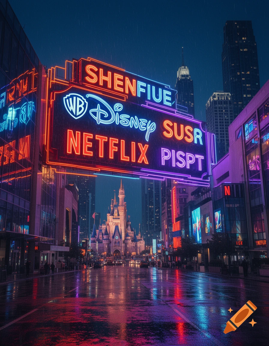 A rainy city street at night, illuminated by bright neon signs featuring various brand names, with a fairytale castle in the distance, reflected on the wet pavement.