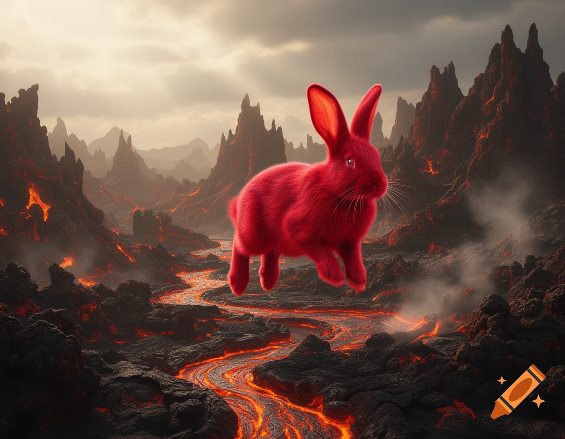 A bright red rabbit floats over a dramatic volcanic landscape filled with glowing magma rivers and dark, jagged rocks.