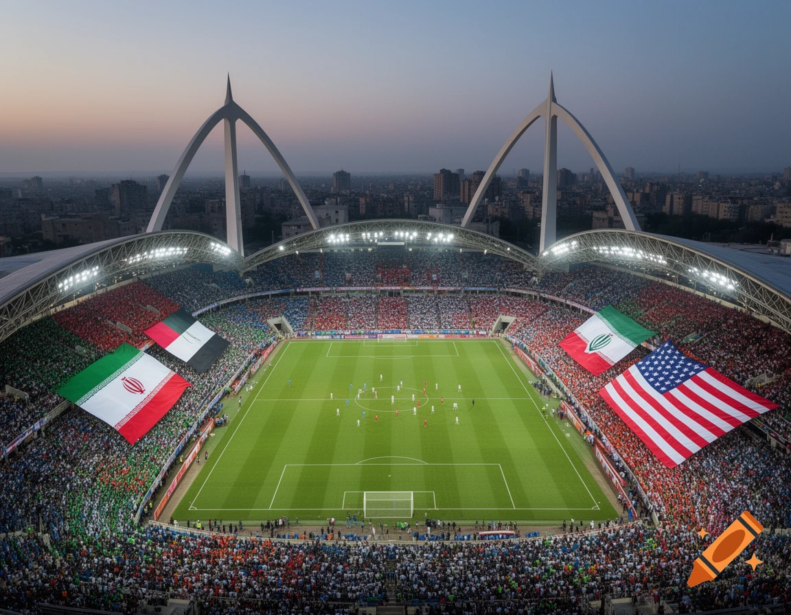 Aerial view of a packed soccer stadium at dusk, with large Iranian and American flags draped over the stands.
