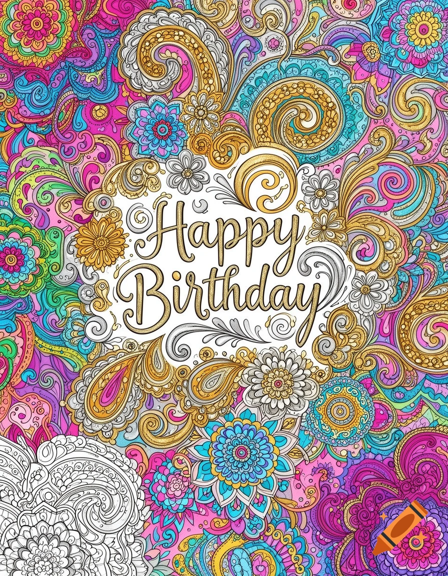 A vibrant, intricate doodle art illustration with 'Happy Birthday' in the center, surrounded by colorful paisley and floral patterns.